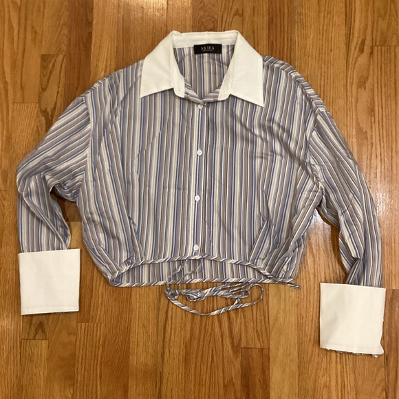 AKIRA Tops - Blue and White Striped Women's Button Up